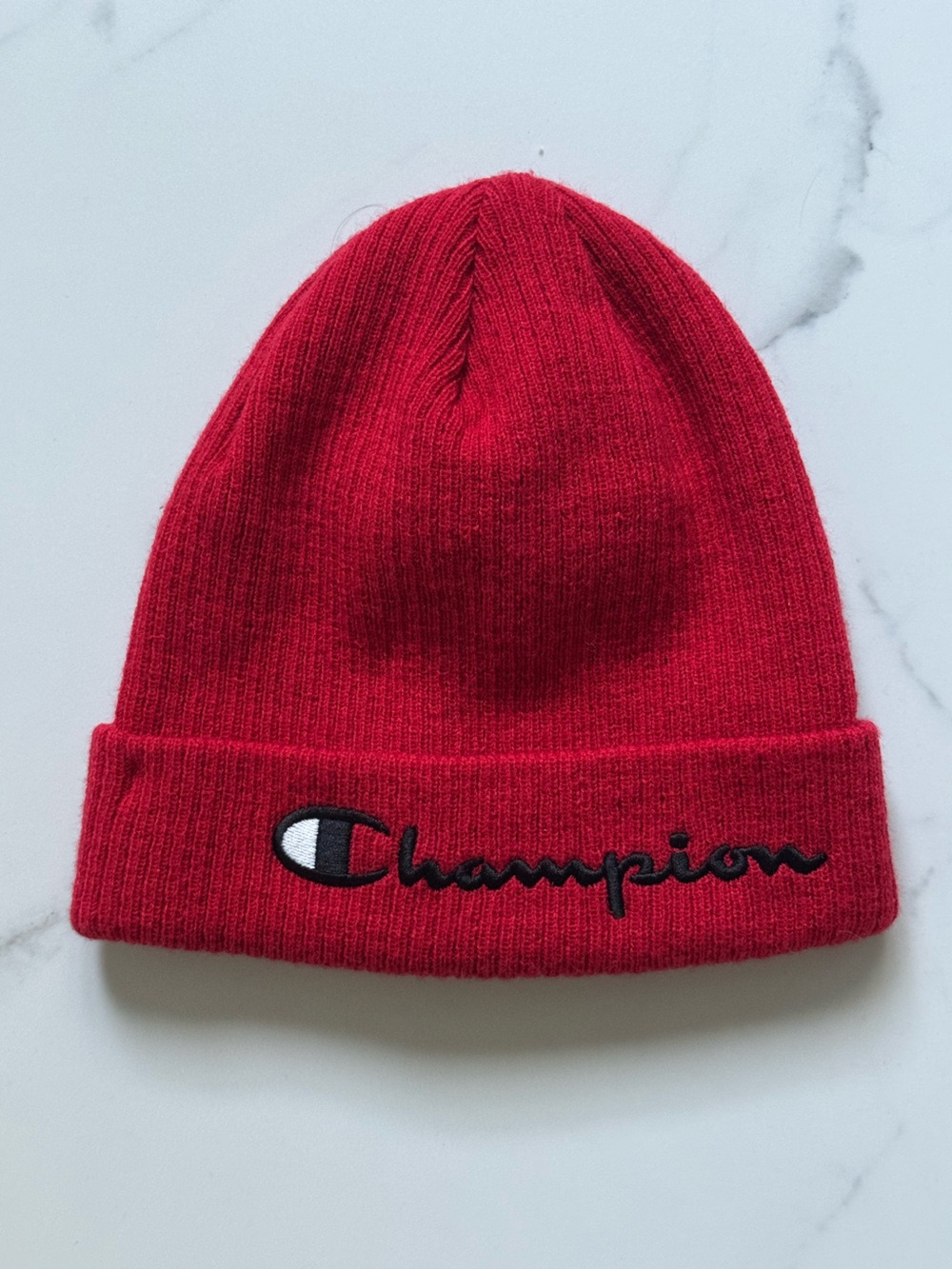 Champion Red Knit Cuffed Beanie with Script Logo